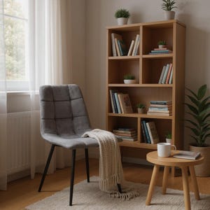 May include: A domestic interior with a grey upholstered chair, a wooden bookcase filled with books and plants, and a small wooden side table. A cream-coloured throw blanket is draped over the chair. The room has a neutral colour palette and a rug.