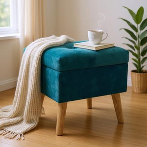 Taburete otomano moderno de terciopelo azul: con almacenamiento elevable, 42 cm de altura.