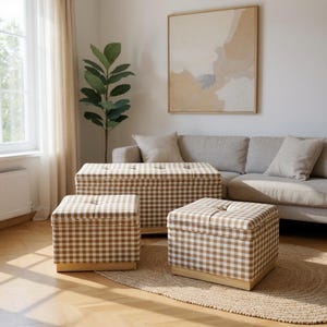 Gingham Linen Upholstered Bench Set – Beige Check Nesting Stools with Hidden Storage