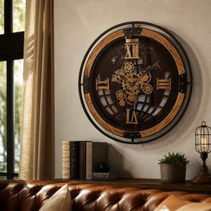 May include: A large round wall clock featuring a black metal frame, a natural wood inner ring, and a dark centre with exposed gold-coloured mechanical gears. The clock face displays large gold Roman numerals at the twelve, three, six, and nine positions.