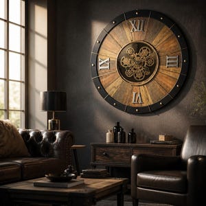 May include: A large round wall clock featuring a black metal frame, a wooden face with radiating planks, and silver Roman numerals. The centre displays an exposed mechanical gear movement in gold and black tones, visible through a circular glass panel.