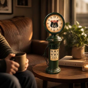 May include: A dark green vintage-style gas pump clock with a round face featuring a Route 66 logo and black numerals. The base displays a rectangular panel with the text THIS SALE, GALLONS, and CENTS PER GALLON, complete with a small side nozzle.