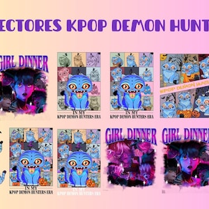 Puede incluir: Una colección de impresiones de arte digital con personajes de dibujos animados y texto. Las impresiones incluyen un personaje de estilo anime con cabello morado, una criatura azul con forma de gato y las palabras "GIRL DINNER" y "VECTORES KPOP DEMON HUNTER". La paleta de colores incluye morado, azul y naranja.