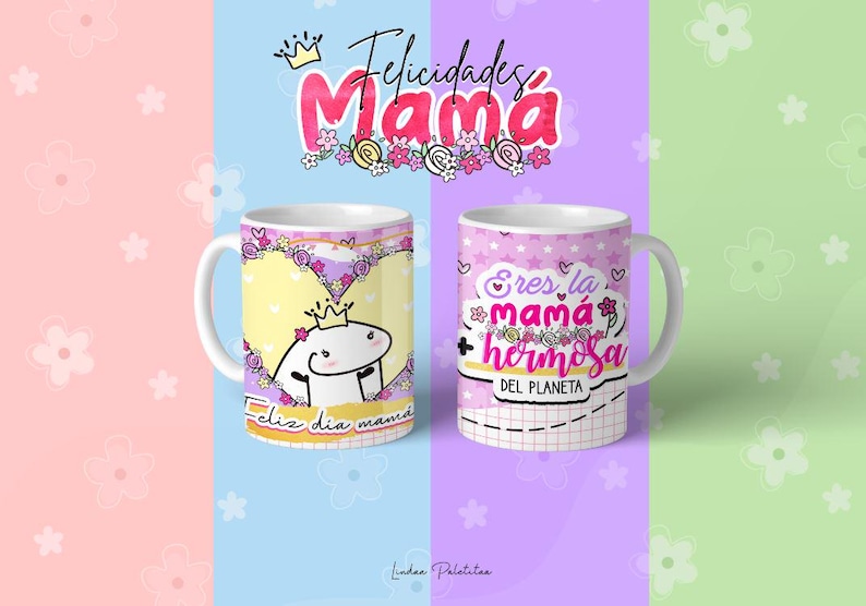 May include: Two white ceramic mugs with pink and purple floral designs. One mug says "Feliz dia mama" and the other says "Eres la mama hermosa del planeta".