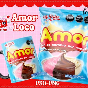 Puede incluir: Una taza y una bolsa de productos Mi Dulce Amor se muestran sobre un fondo rosa con detalles rojos. La taza y la bolsa presentan la palabra "Amor" en letras amarillas grandes. La taza tiene un asa negra y la bolsa tiene un fondo azul.