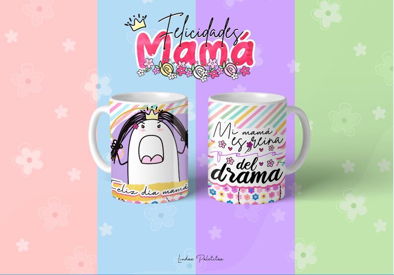 May include: Two white ceramic mugs with colourful designs. One mug features a cartoon character with a crown and the text "Feliz dia mama". The other mug has a rainbow stripe design and the text "Mi mama es reina del drama".