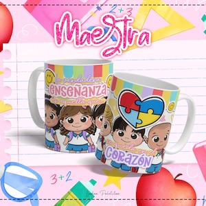 May include: Two colorful ceramic mugs with illustrations of children and the text "La verdadera enseñanza es aquella que guía en el corazón".