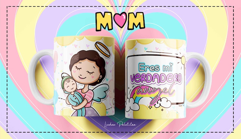 Puede incluir: Taza de cer&aacute;mica blanca con un dise&ntilde;o colorido que presenta a una madre y un ni&ntilde;o &aacute;ngel. La taza tiene el texto "Eres mi verdadero angel" en un lado.