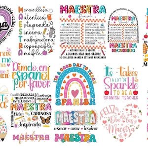 Puede incluir: Una colección de diseños digitales coloridos con texto en español, celebrando a los maestros. Los diseños incluyen arcoíris, manzanas, lápices y la palabra "Maestra" en varios estilos. El tema general es la educación y el reconocimiento.