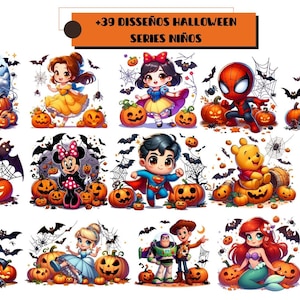 Op de afbeelding: Een verzameling kleurrijke Halloween-illustraties met verschillende stripfiguren, waaronder Mickey Mouse, Spider-Man en Winnie the Pooh, elk met pompoenen en vleermuizen. De tekst "+39 DISEÑOS HALLOWEEN SERIES NIÑOS" staat bovenaan.