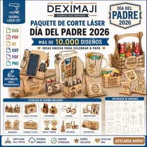 May include: A promotional image for laser-cut designs for Father's Day 2026. It features various wooden items like organizers, beer caddies, keychains, and photo frames. The text includes "Más de 10,000 diseños" and "Ideas únicas para celebrar a papá."