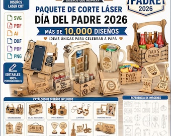 May include: A promotional image for laser-cut designs for Father's Day 2026. It features various wooden items like organizers, beer caddies, keychains, and photo frames. The text includes "Más de 10,000 diseños" and "Ideas únicas para celebrar a papá."