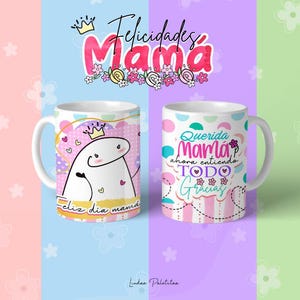 Może przedstawiać: Dwa białe ceramiczne kubki z różowymi, niebieskimi i fioletowymi wzorami. Jeden kubek przedstawia postać z kreskówki z koroną i tekstem "Feliz dia mama". Drugi kubek przedstawia tekst "Querida Mama ahora entiendo TODO Gracias".