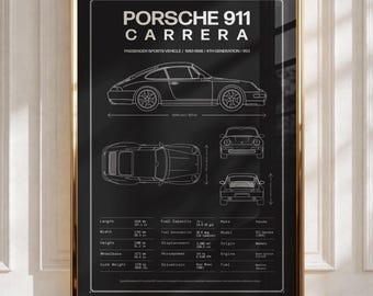 Porsche 911 Carrera Blueprint Poster | Automotive Wall Art, Technical Sports Car Drawing Print, Car Enthusiast Gift Decor
