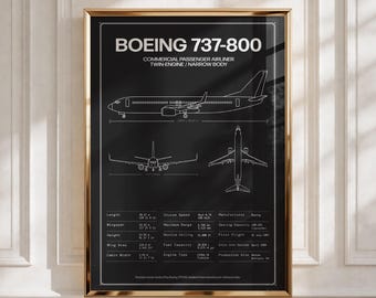 Boeing 737-800 Aircraft Blueprint Poster | Aviation Wall Art, Technical Airline Drawing Print, Pilot Gift Decor