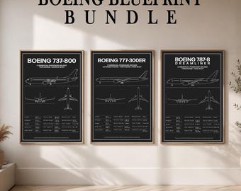Boeing Aircraft Blueprint Poster Set of 3 | 737-800, 777-300ER & 787-8 Dreamliner Aviation Wall Art Bundle
