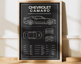 Chevrolet Camaro SS Blueprint Poster | Automotive Wall Art, Technical Sports Car Drawing Print, Muscle Car Enthusiast Gift Decor