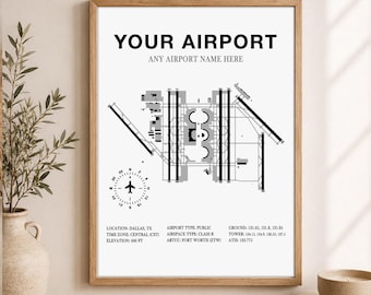 Custom Airport Diagram Poster, ANY AIRPORT, Customizable Detailed Map Framed Print, Aviation Decor, Pilot Gift