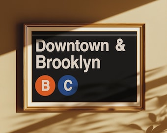 Downtown & Brooklyn NYC Subway Sign Poster: Transit Wall Art Decor, Accurate and Replica Design