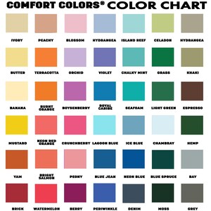Pu&ograve; includere: Una tabella colori che mostra una variet&agrave; di tonalit&agrave; Comfort Colors&reg;. La tabella presenta una griglia di campioni di colore, ciascuno etichettato con un nome unico, tra cui Ivory, Peachy, Blossom e Hydrangea. Il testo "COMFORT COLORS&reg; COLOR CHART" &egrave; in alto.