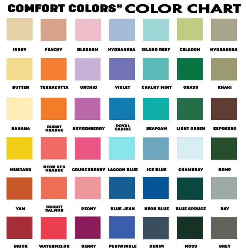 Pu&ograve; includere: Una tabella colori che mostra una variet&agrave; di tonalit&agrave; Comfort Colors&reg;. La tabella presenta una griglia di campioni di colore, ciascuno etichettato con un nome unico, tra cui Ivory, Peachy, Blossom e Hydrangea. Il testo "COMFORT COLORS&reg; COLOR CHART" &egrave; in alto.