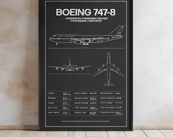 Boeing 747-8 Aircraft Blueprint Poster | Aviation Wall Art, Technical Airline Drawing Print, Pilot Gift Decor