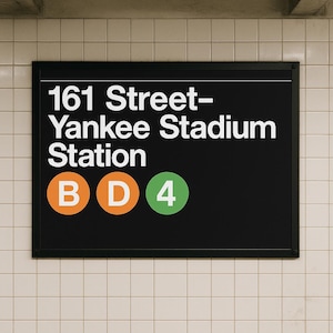 May include: Black and white subway sign with white text that reads "161 Street-Yankee Stadium Station".  The sign also has three circular icons with white text on a colored background: "B" on orange, "D" on orange, and "4" on green.