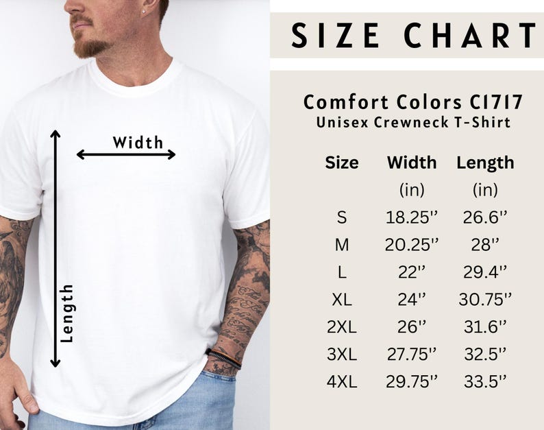 Pu&ograve; includere: Una maglietta girocollo unisex bianca Comfort Colors C1717. L'immagine include una tabella delle taglie con misure in pollici, che equivalgono a circa S (46,36 x 67,56 cm), 4XL (75,57 x 85,09 cm).