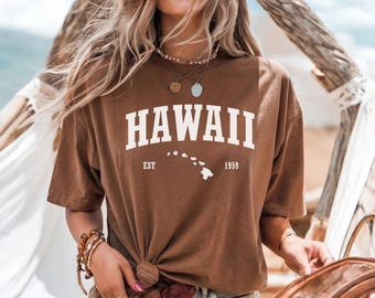 May include: A brown short-sleeved t-shirt featuring the white text HAWAII in a bold arched font, with the text EST 1959 and a small white graphic outline of the Hawaiian island chain positioned directly below the main lettering.