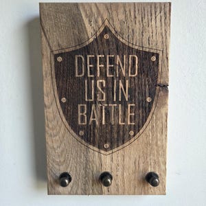 Defend us in battle Rosary hanger wall decor catholic wedding gift rosary board religious wood decor handmade wall mount baptism male shield