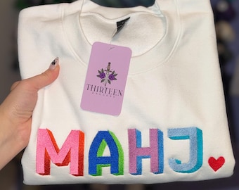 Embroidered Mahjong Sweatshirt, Colorful Tile Design, Cozy Game Night, Mahjong Lover Gift