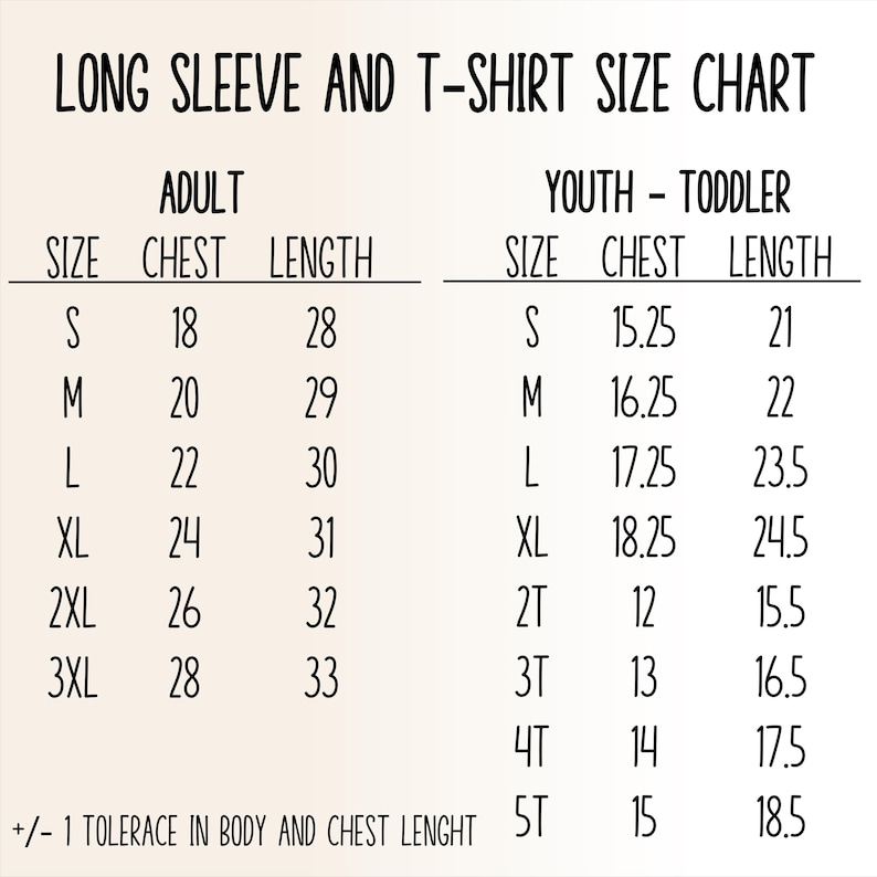 a long sleeved t - shirt size chart with measurements