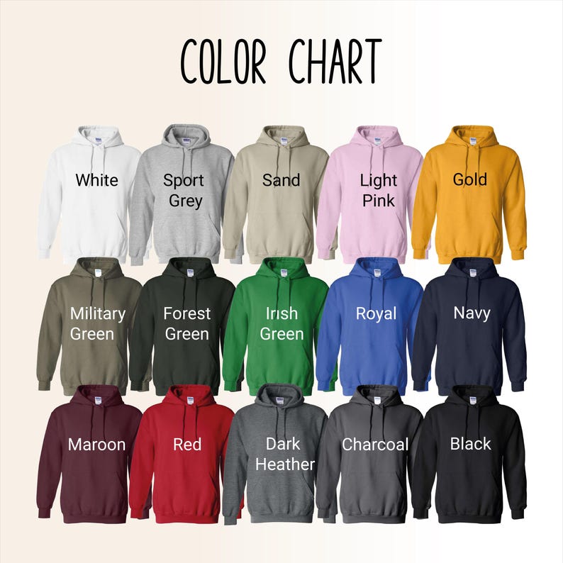 a collection of 12 hooded sweatshirts in various colors, including white, grey, green, pink, light pink, gold, olive, forest green, Irish green, royal, navy, maroon, red, charcoal, and black.