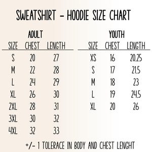 The image is a size chart for a sweatshirt and hoodie, providing the size and length for different age groups.