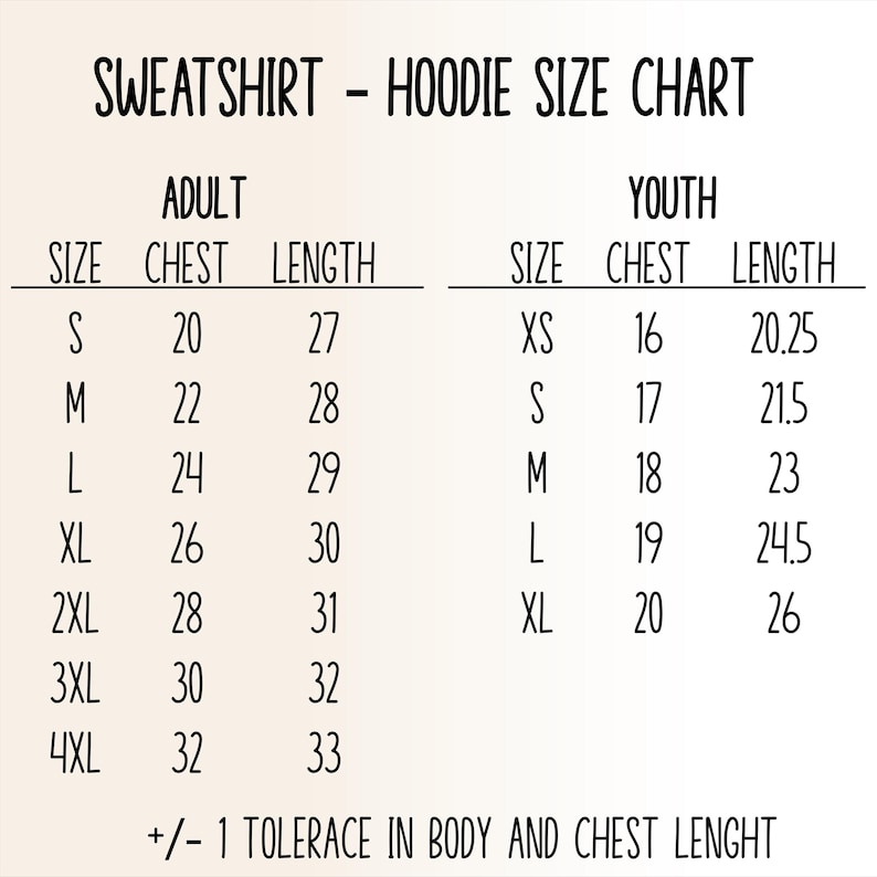 The image is a size chart for a sweatshirt and hoodie, providing the size and length for different age groups.