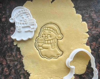 Cute ghost with coffee cookie cutter, Cozy fall Halloween clay stamp