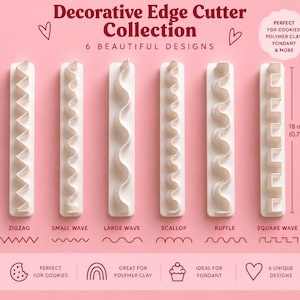 Puede incluir: Una colección de seis cortadores decorativos de plástico blanco sobre un fondo rosa. El set incluye diseños de zigzag, onda pequeña, onda grande, festón, volante y onda cuadrada. Cada cortador mide 18 mm de altura, tal como se indica.