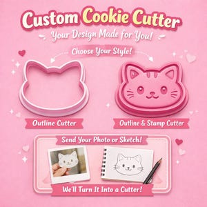 以下が含まれることがあります： ピンク色のカスタムクッキーカッターのオプション。画像には、猫の頭の形をしたアウトラインカッターとアウトライン＆スタンプカッターの両方が表示されています。「Custom Cookie Cutter」と「Your Design Made for You！」の文字と、写真やスケッチを送るための指示があります。