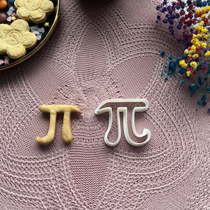Puede incluir: Una galleta dorada con forma del símbolo matemático pi, junto a un cortador de galletas blanco con forma de pi. La escena incluye un plato con galletas con forma de flor y una taza negra. Todo está sobre un mantel individual rosa tejido.