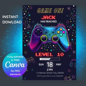 Invitation d&#39;anniversaire pour garçons, faire-part de fête de jeu vidéo modifiable, faire monter de niveau, faire-part d&#39;anniversaire pour garçon, modèle Gamer Boy, fête d&#39;arcade, téléchargement immédiat