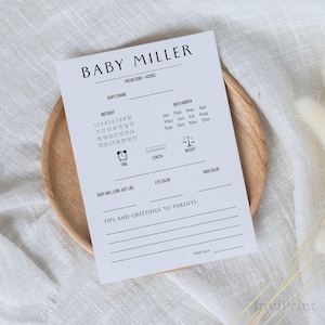 Modèle de carte Prédictions et conseils pour baby shower personnalisé Jeu de prédictions de baby shower classique minimaliste à télécharger sur Canva
