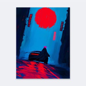 Peut inclure: Une peinture numérique d'une personne vêtue d'une cape noire marchant dans une rue sombre avec une lune rouge en arrière-plan. La rue est éclairée par des lumières rouges et bleues.