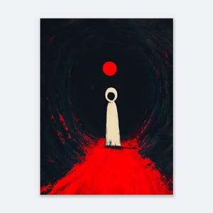 Puede incluir: Una figura blanca se encuentra en un camino rojo que conduce a una abertura circular oscura. Un círculo rojo es visible sobre la figura.