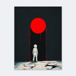 Peut inclure: Un astronaute solitaire se tient sur une surface blanche fissurée, regardant un grand orbe rouge qui semble dégoutter du ciel sombre.