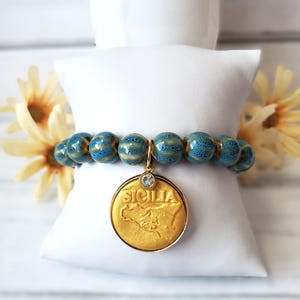 Blue Ceramic Beads Bracelet with Handcrafted Sicilia Italy Charm