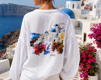 Santorini Inspired Lightweight Shrug - White Boho Cover Up with Greek Island Print