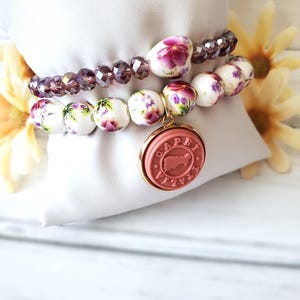 Handmade Capri Italy Charm Bracelet With Ceramic Beads & Pink Crystal Stacking Bracelet Set
