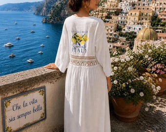 Sorrento Italy Lemon Kimono, La Vita E Bella White Cover Up, Amalfi Coast Inspired