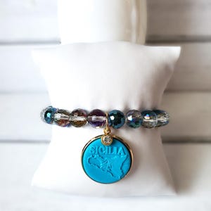 Iridescent Faceted Crystal Bracelet with Handcrafted Sicilia Italy Charm & Swarovski Dangle