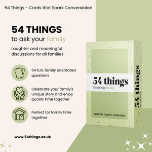 May include: A light green box of "54 Things to ask your family" cards. The box has the text "54 things" and "cards that spark conversation". The image also includes the website address www.54things.co.uk.